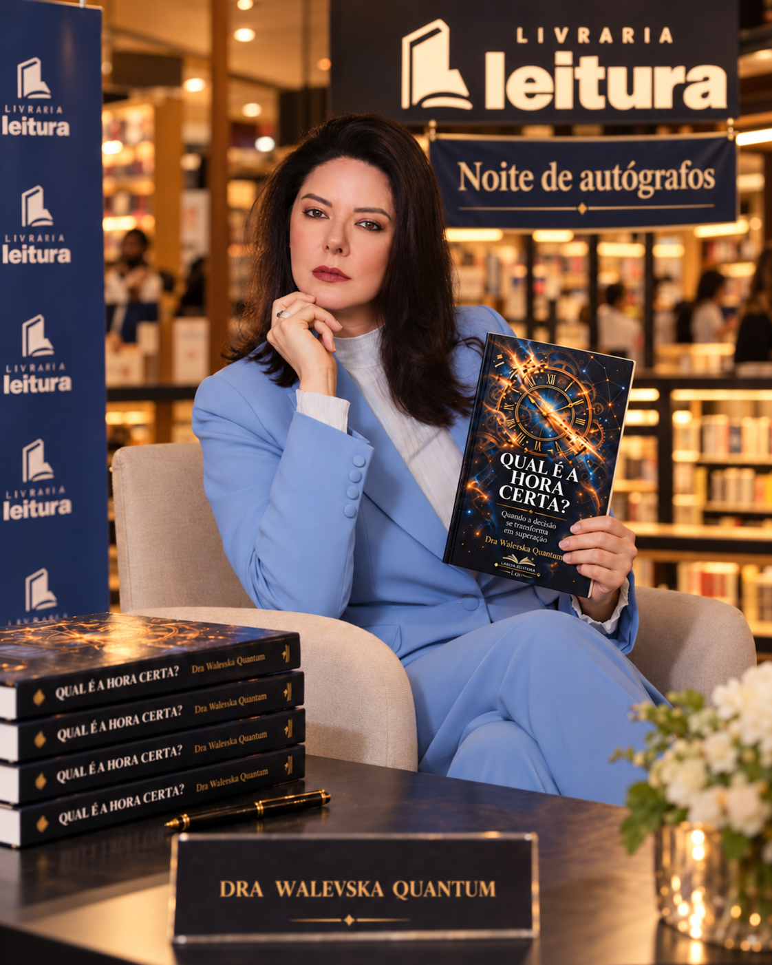 Dra. Walevska Quantum em noite de autógrafos na Livraria Leitura, com exemplares do livro Qual é a Hora Certa? sobre a mesa
